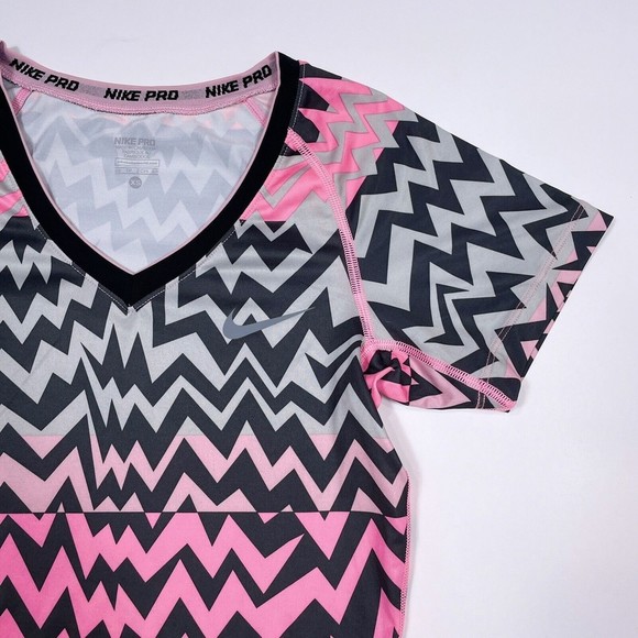 Nike Pro Shirt Womens Size XS Pink Black V Neck Fitted Printed Active 542269-658 - Picture 3 of 11